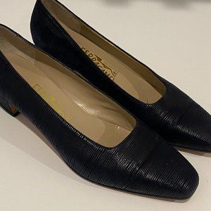 Salvatore Ferragamo Navy Embossed Leather Pumps 8